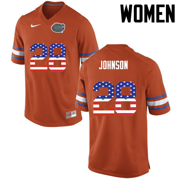 Women Florida Gators #28 Kylan Johnson College Football USA Flag Fashion Jerseys-Orange - Click Image to Close